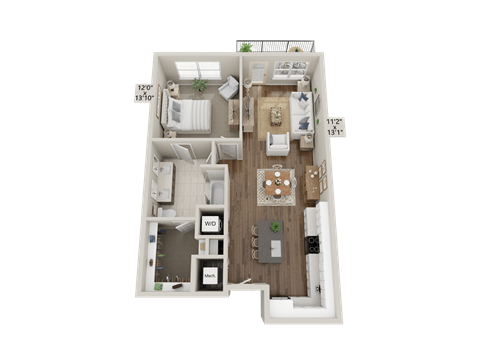 Floor plan for 1 bed, 1 bath, 833 sqft